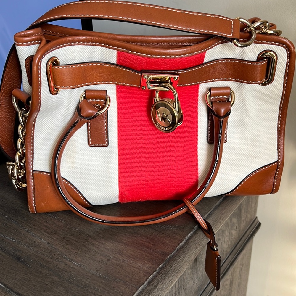 Michael Kors orange/cream/brown small Hamilton bag.